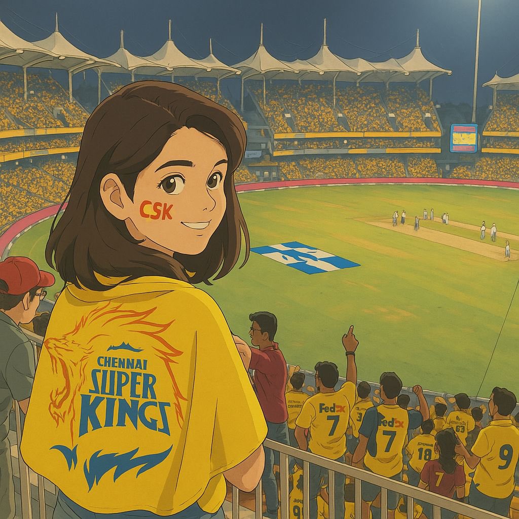 ya5hi_'s tweet photo. Had to make a Ghibli-inspired version of me cheering for CSK!⭐️🦁💛 @chennaiipl 

#explorewithyashi #cskvsrcb #msdhoni #kohli #india #ipl #ipl2025 https://t.co/0WqR2idpQc