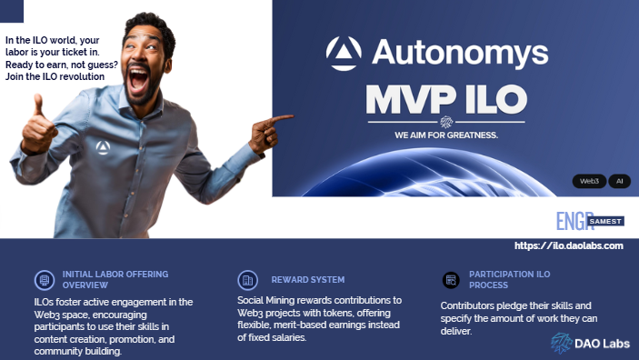 olapadesam00's tweet photo. 🧵Tired of token launches that reward speculators, not contributors?

Let’s talk about the Initial Labor Offering (ILO), a new model changing how Web3 projects launch.

In traditional launches (ICOs, IDOs), early access goes to deep-pocket investors.

The result?
💰 Price pumps
🪂 Airdrop farmers
📉 Dumping at TGE
ILO flips this. See The Ongoing ILO @AutonomysNet x @TheDAOLabs with the incoming of its utility token. 

#SocialMining #ILO #AI3 #Web3