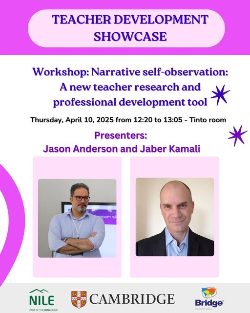 Anybody at IATEFL Edinburgh next week, Jaber Kamali and I will be talking on Thursday on a new way to do lesson observations that focuses on teacher learning and development rather than monitoring and evaluation: Narrative self-observation - part of the TD SIG showcase.