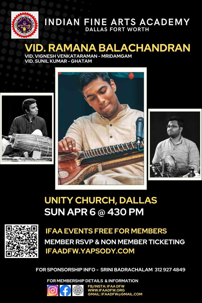 USA Spring Tour 2025 starting from Dallas.
Concert in Dallas April 6, 4.30 pm with Mridangam Vidwan Vignesh Venkataraman   and Khanjira Vidwan Sunil Kumar 
Hope to see all rasikas .

#ramanabalachandhran
#usaspringtour2025
#