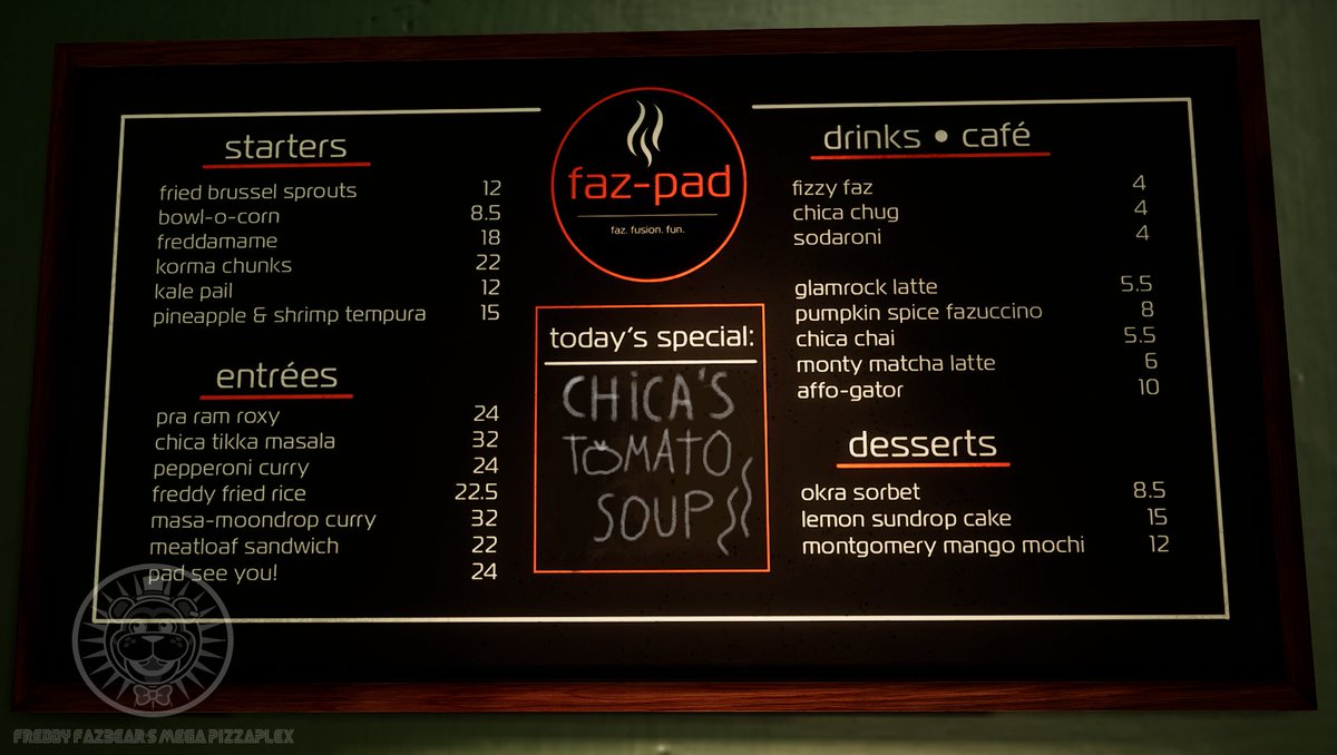 Grilled cheese toast, Fresh herbs and tomatoes,🍅🥣🌿

The Mega Pizzaplex is announcing Todays Faz-Pad special !

  ✭ CHICA'S TOMATO SOUP! ✭  

Get it only today for only 10.95 ! (Extra Grilled Cheese toasts purchasable)