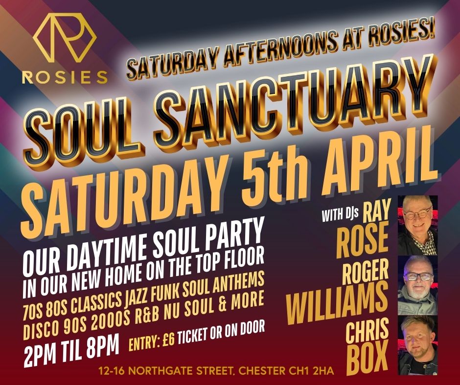Roger Soulsorts Williams (@soulsorts) on Twitter photo If you're in the Chester city centre today and fancy an afternoon disco with great soul music and half decent DJs and the finest people to social with, here we are!! 2pm til 8pm, try it, you might enjoy it!! <a href="/rosieschester/">Rosies Chester</a> If you're in the Chester city centre today and fancy an afternoon disco with great soul music and half decent DJs and the finest people to social with, here we are!! 2pm til 8pm, try it, you might enjoy it!! <a href="/rosieschester/">Rosies Chester</a>