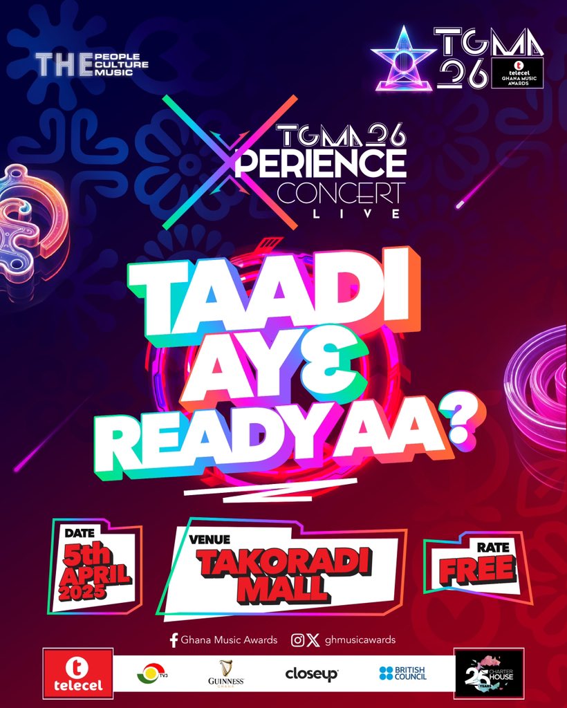 We’re stomping the yard tonight!!!!

Taadi Are You Ready?? 

Get ready for back to back electrifying performances with over 14 Top Acts and 6 Unsung artistes…

Happening today, at the Takoradi Mall…

Rate is FREEEE!

For the People. For the Culture. For the Music 🎶 

#26thTGMA