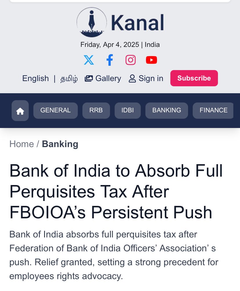BOIOA_UP_UTT_MediaCell (@boioamediauputt) on Twitter photo Our Bank of India absorbs full burden of tax on perquisites after persistent push from our Federation of Bank of India Officers Association.
A grand salute to our Top Management and Top leadership 🫡 🫡
<a href="/nilesh_pawar15/">Nilesh Pawar</a> <a href="/GaletinageshG/">g Nageswar</a> <a href="/fboioa_india/">Federation of Bank of India Officers' Associations</a> <a href="/aiboc_in/">All India Bank Officers' Confederation (AIBOC)</a> <a href="/BankofIndia_IN/">Bank of India</a> Our Bank of India absorbs full burden of tax on perquisites after persistent push from our Federation of Bank of India Officers Association.
A grand salute to our Top Management and Top leadership 🫡 🫡
<a href="/nilesh_pawar15/">Nilesh Pawar</a> <a href="/GaletinageshG/">g Nageswar</a> <a href="/fboioa_india/">Federation of Bank of India Officers' Associations</a> <a href="/aiboc_in/">All India Bank Officers' Confederation (AIBOC)</a> <a href="/BankofIndia_IN/">Bank of India</a>
