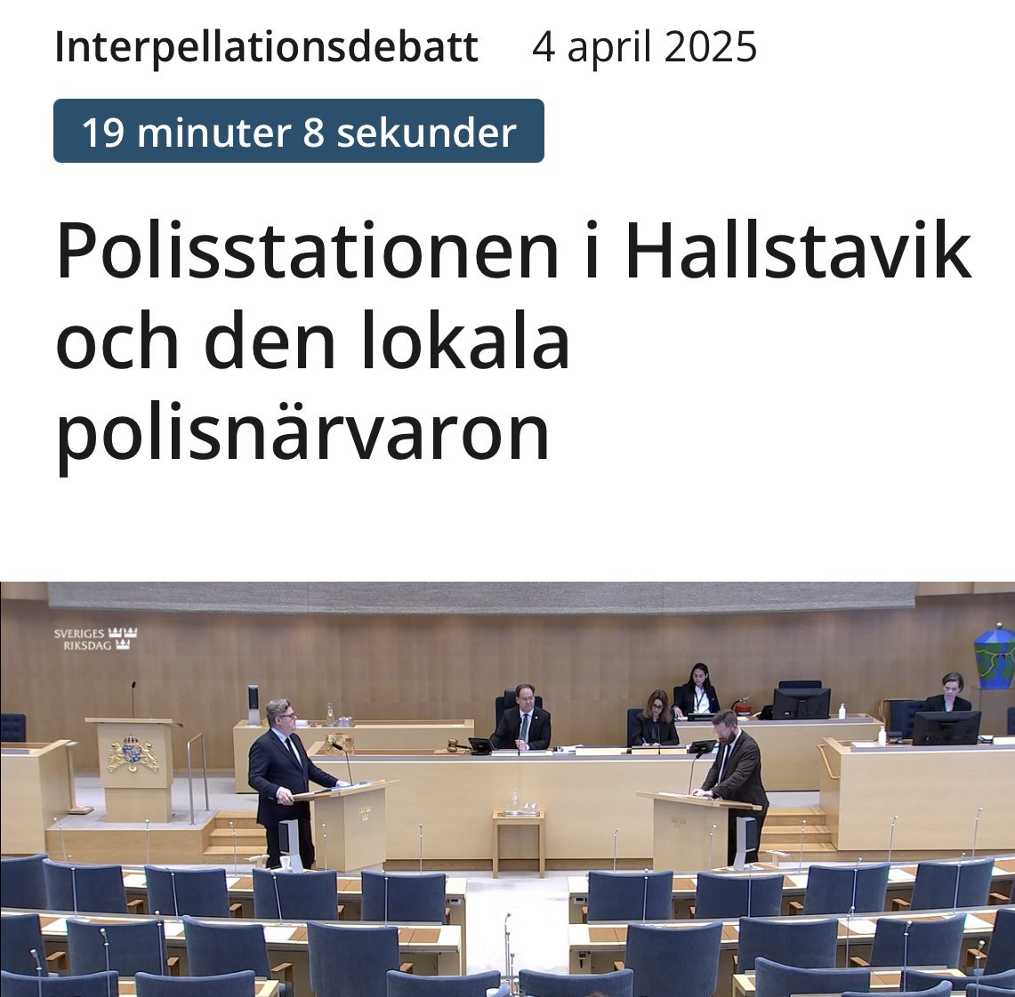 bjocew's tweet image. Känns väldigt bra att frågan om min arbetsplats, polisstationen  i Hallstavik, idag har diskuterats i riksdagen!

Känns också bra att debatten fördes på det sätt den gjorde, dvs i god ton och med en stor grad av samförstånd. Det är såklart ingen god idé att stänga stationen.