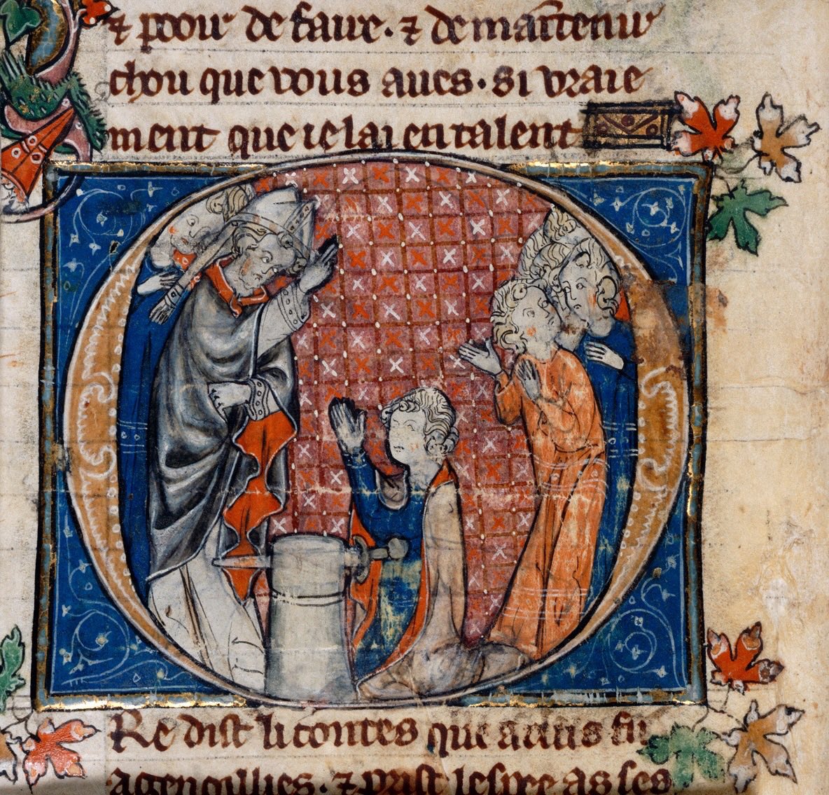 The story begins: young Arthur draws the sword from the stone.

BL Add MS 38117; 'the Huth Manuscript'; 14th century; f.73v <a href="/BLMedieval/">Medieval Manuscripts</a>