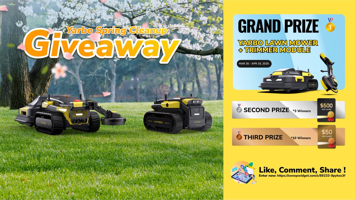 Yarbo Spring Cleanup Giveaway – Join Now!
Spring is in full swing, and it's the perfect time to show your lawn some love  — plus, win awesome prizes while you're at it! 🎁

🔹 How to Enter:
1️⃣ Visit the giveaway page 👉 sweepwidget.com/c/89233-9pykos…
2️⃣ Complete as many actions as you