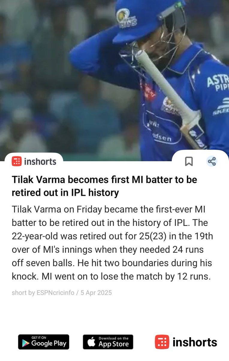 Tilak Varma becomes first MI batter to be retired out in IPL history
shrts.in/m94fM
 -via inshorts