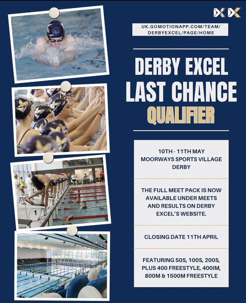 Derby Excel Swimming Club💙 (@derbyexcelclub) on Twitter photo Derby Excel Swimming Club last chance qualifier is still open for entries until 11th April.
Moorways Sports Village May 10th and 11th.
Meet pack available uk.gomotionapp.com/team/derbyexce… <a href="/DerbyExcelPerf/">Derby Excel SC - Performance</a> Derby Excel Swimming Club last chance qualifier is still open for entries until 11th April.
Moorways Sports Village May 10th and 11th.
Meet pack available uk.gomotionapp.com/team/derbyexce… <a href="/DerbyExcelPerf/">Derby Excel SC - Performance</a>