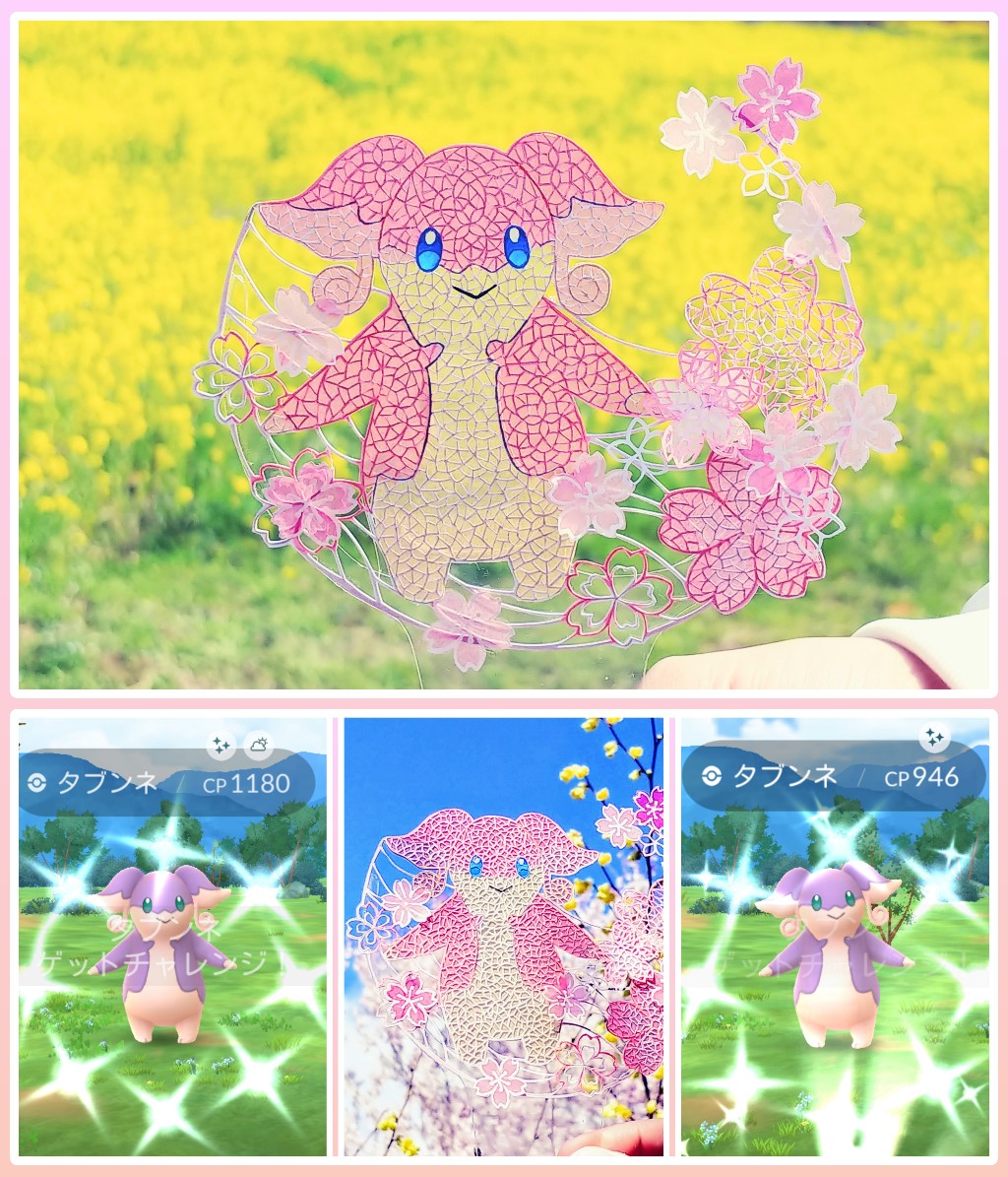 メガタブンネのレイドデイ
切り絵のタブンネ連れて満開の福島県花見山で４人で遊んでるー！色違いタブンネをメガ進化する
#切り絵