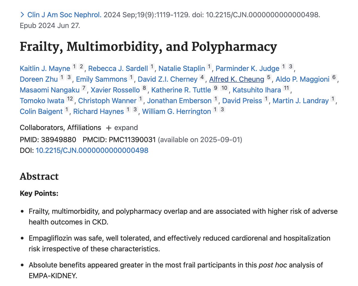 Giuseppe Maltese (@docmaltese) on Twitter photo Once again, evidence shows the frailest individuals are those who benefit the most from #SGLT2i.
In EMPA-KIDNEY, absolute benefits were greatest among those with #frailty, multimorbidity & polypharmacy.
via <a href="/asnpublications/">ASN Publications</a>
journals.lww.com/cjasn/fulltext… Once again, evidence shows the frailest individuals are those who benefit the most from #SGLT2i.
In EMPA-KIDNEY, absolute benefits were greatest among those with #frailty, multimorbidity & polypharmacy.
via <a href="/asnpublications/">ASN Publications</a>
journals.lww.com/cjasn/fulltext…