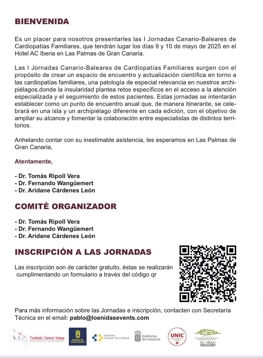 Próximamente Jornadas Canario-Baleares de Cardiopatías Familiares!! Les invitamos a venir 9-10 mayo a Gran Canaria.