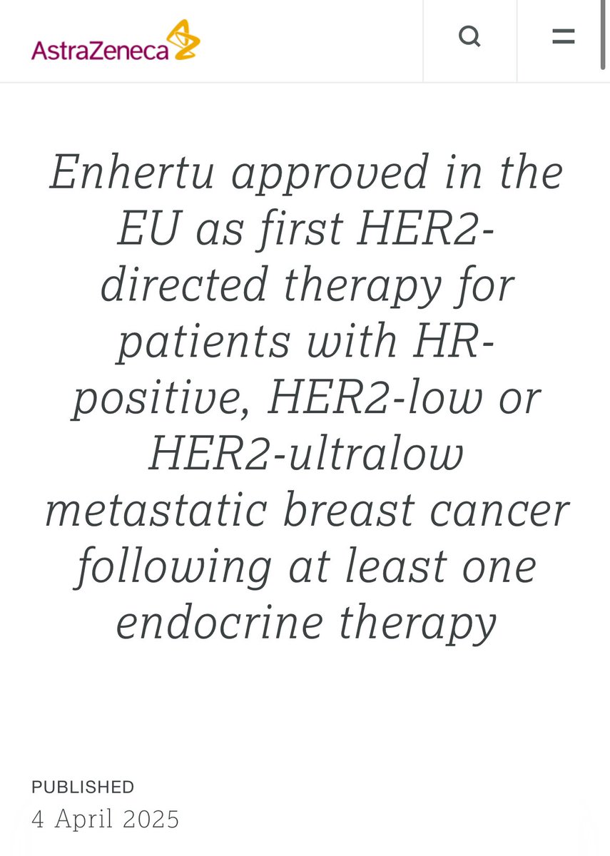 🆕🆕🆕🆕🆕🆕🆕🆕🆕🆕🆕🆕🆕

✨ Enhertu approved ✅ in the EU as 1️⃣st HER2-directed therapy for patients with HR-positive, HER2-low or HER2-ultralow metastatic #breastcancer 🎀 following at least one endocrine therapy
<a href="/OncoAlert/">OncoAlert</a> 

🔗 astrazeneca.com/media-centre/p…