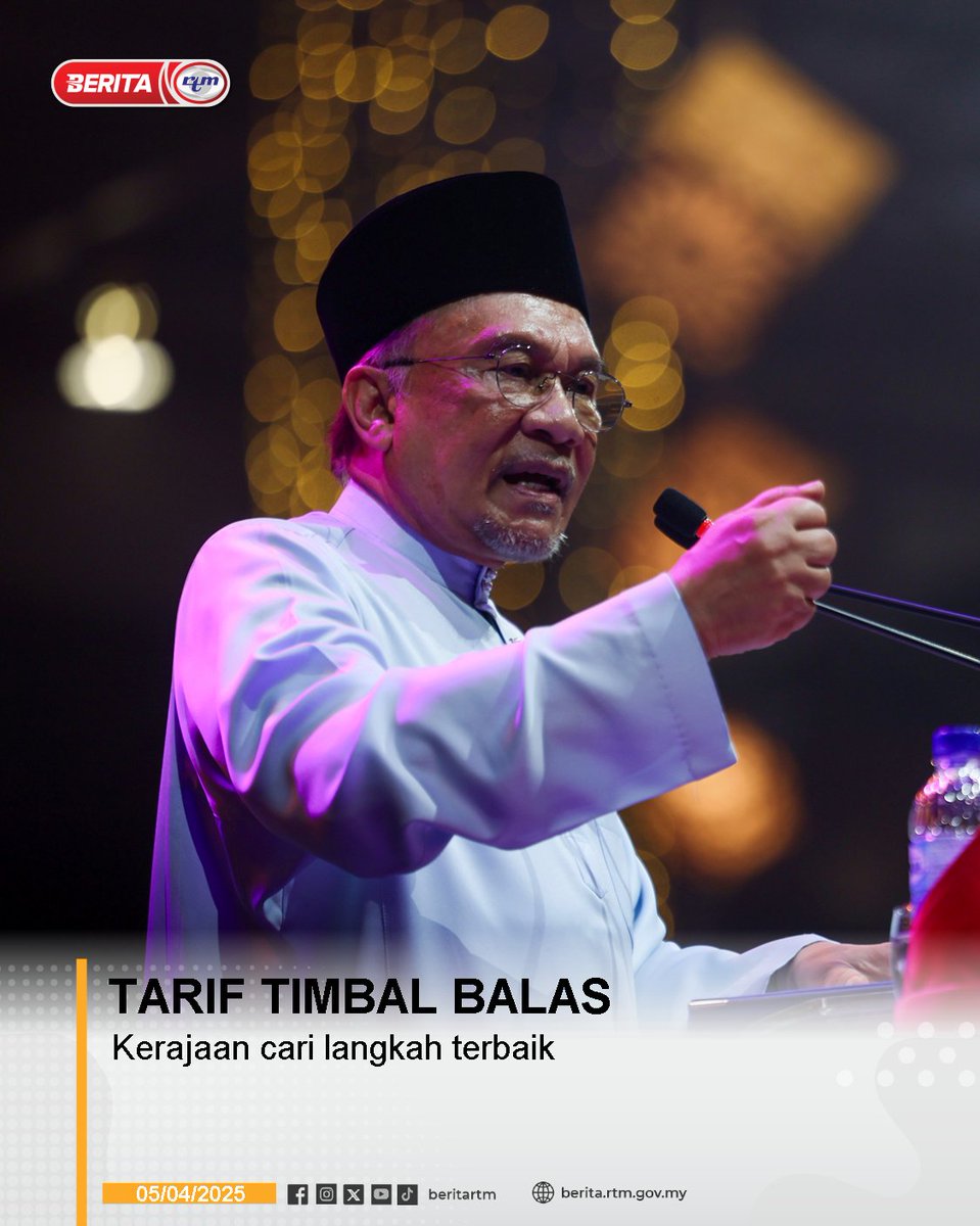 Kerajaan sedang mencari langkah terbaik bagi mengurangkan kesan kepada ekonomi negara dan rantau ini berikutan pengumuman tarif timbal balas oleh Presiden Amerika Syarikat, Donald Trump.

Foto: BERNAMA

berita.rtm.gov.my/nasional/senar…

#RTM #BeritaRTM #MalaysiaMadani #TaatSetia