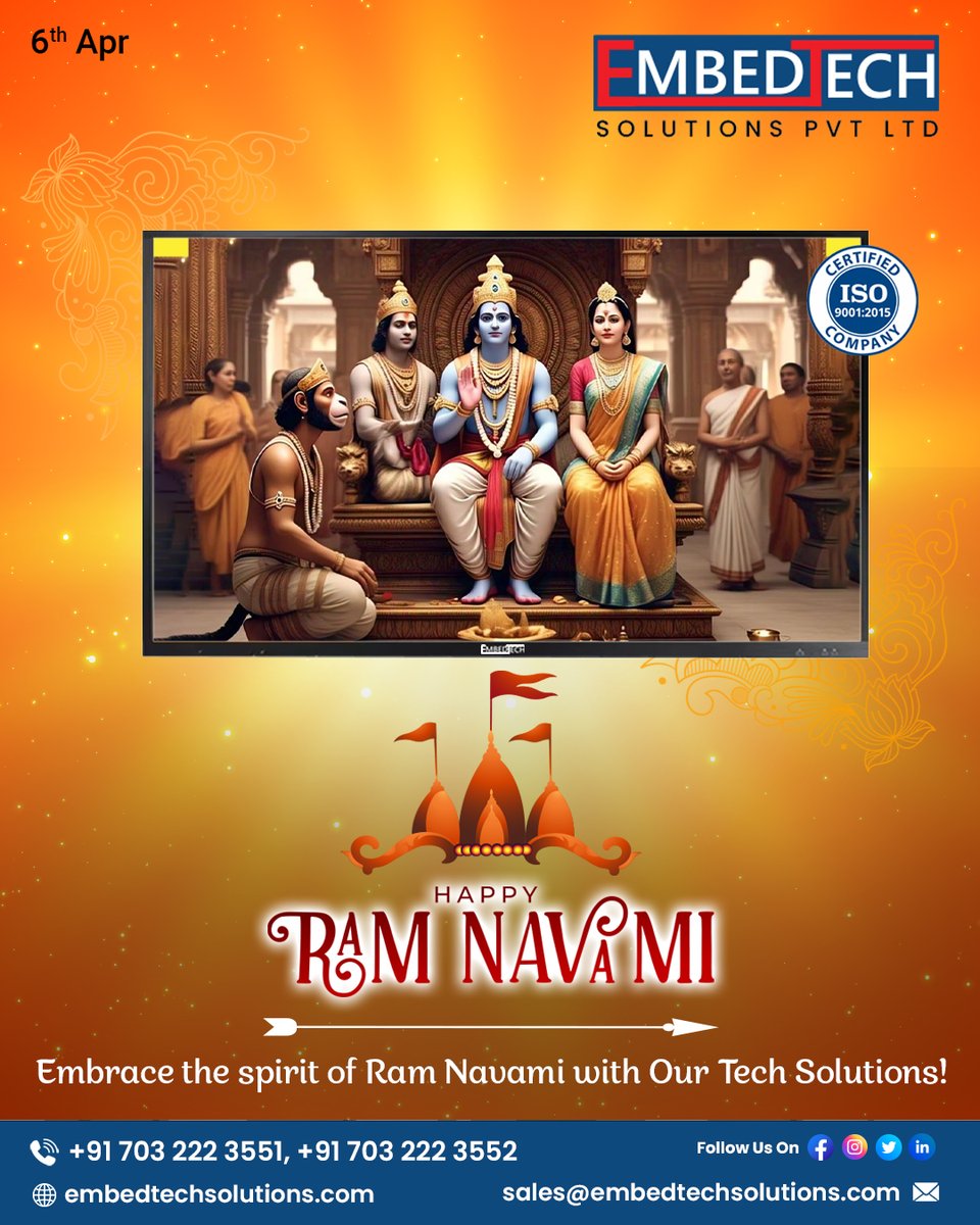 Embedtech_sol's tweet image. Happy Sri RamaNavami from Embedtech Solutions! On this sacred occasion of Ram Navami, EmbedTech Solutions wishes you prosperity, success, and happiness. 
🌐 embedtechsolutions.com 
#EmbedTech #HappyRamNavami #JaiShriRam #RamNavami2025 #SpiritualStrength  #RamNavamiWishes
