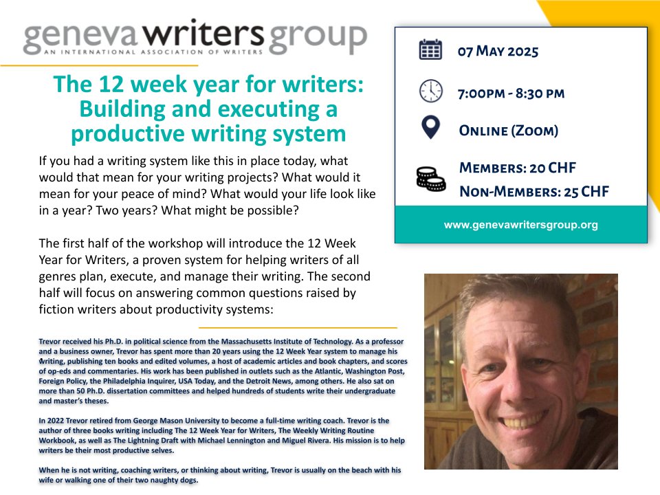 Geneva Writers Group (@genevawriters) on Twitter photo 🚀In our next writing workshop, <a href="/trevor_thrall/">Trevor Thrall</a> will take us through how writers can apply the system of the 12-week year to plan, execute, and manage their writing.
Don’t miss out on this opportunity to maximize your writing outputs!
Register now: genevawritersgroup.wildapricot.org/event-6032007 🚀In our next writing workshop, <a href="/trevor_thrall/">Trevor Thrall</a> will take us through how writers can apply the system of the 12-week year to plan, execute, and manage their writing.
Don’t miss out on this opportunity to maximize your writing outputs!
Register now: genevawritersgroup.wildapricot.org/event-6032007