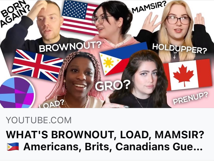 [OUT NOW on #YouTube] #Americans 🇺🇸, #Brits 🇬🇧, and #Canadians 🇨🇦 guess the meanings to #Filipino 🇵🇭 words like “Brownout, Holdupper, Mamser, Load, and More!”

Link: youtu.be/gZMpRZRtEdI