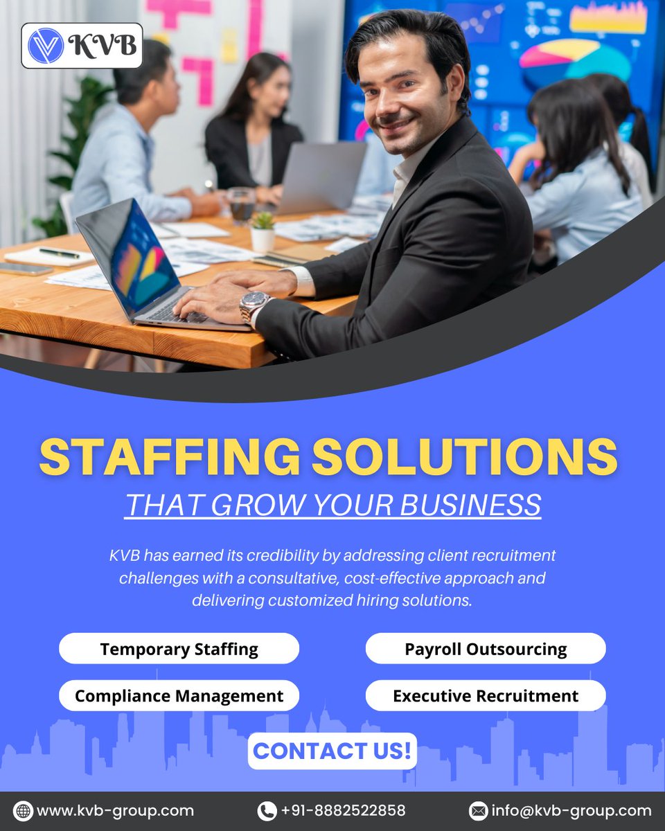 KVB Staffing Solutions offers #TemporaryStaffing, #PayrollOutsourcing, #ComplianceManagement, &amp; #ExecutiveRecruitment — all under one roof! 

📞 +91-8882522858  Contact us today!
 📩info@kvb-group.com                      
 🌐 kvb-group.com

#StaffingSolutions #KVBGroup