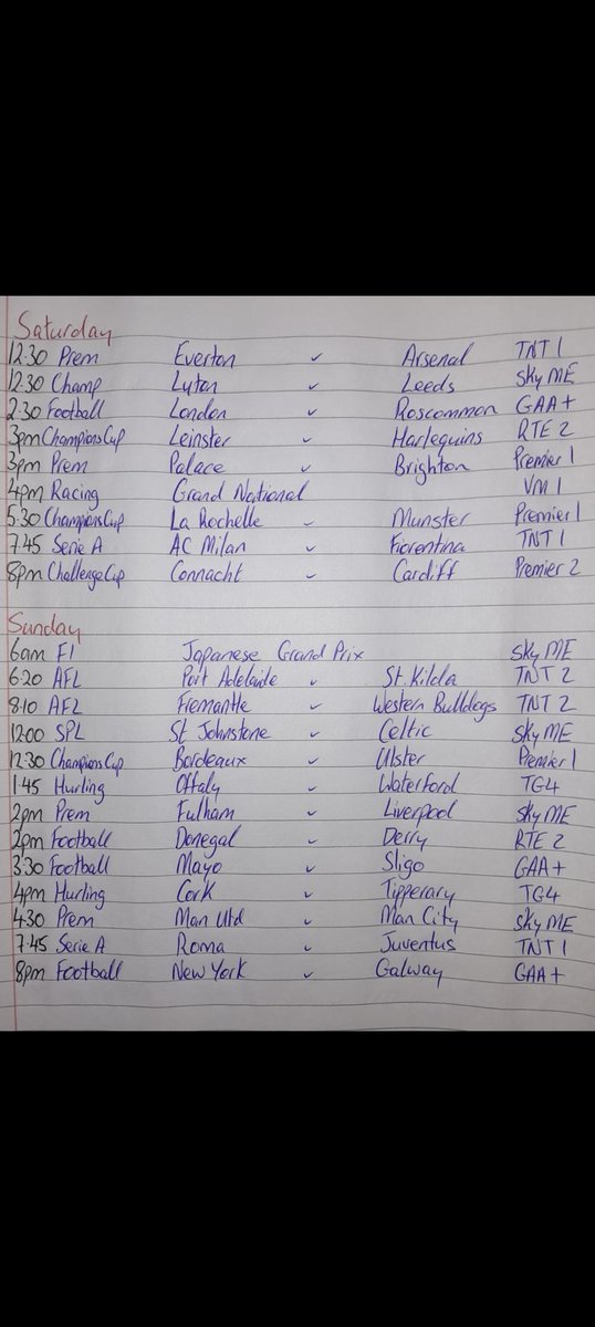 Weekend’s finally here thanks be to god folks! GAA championship kicks off plus a few other cracking fixtures to keep us on our toes. 

As Bertie Ahern once said to us, “it’s a bad weekend to be a couch” Enjoy the action and stay safe ❤️💪💃