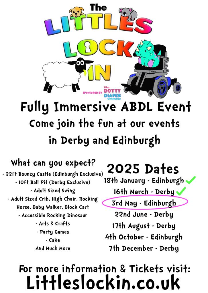 2 down, 5 to go!!!

Next up is Edinburgh. Will you be there too?

Your ageplay adventure starts here