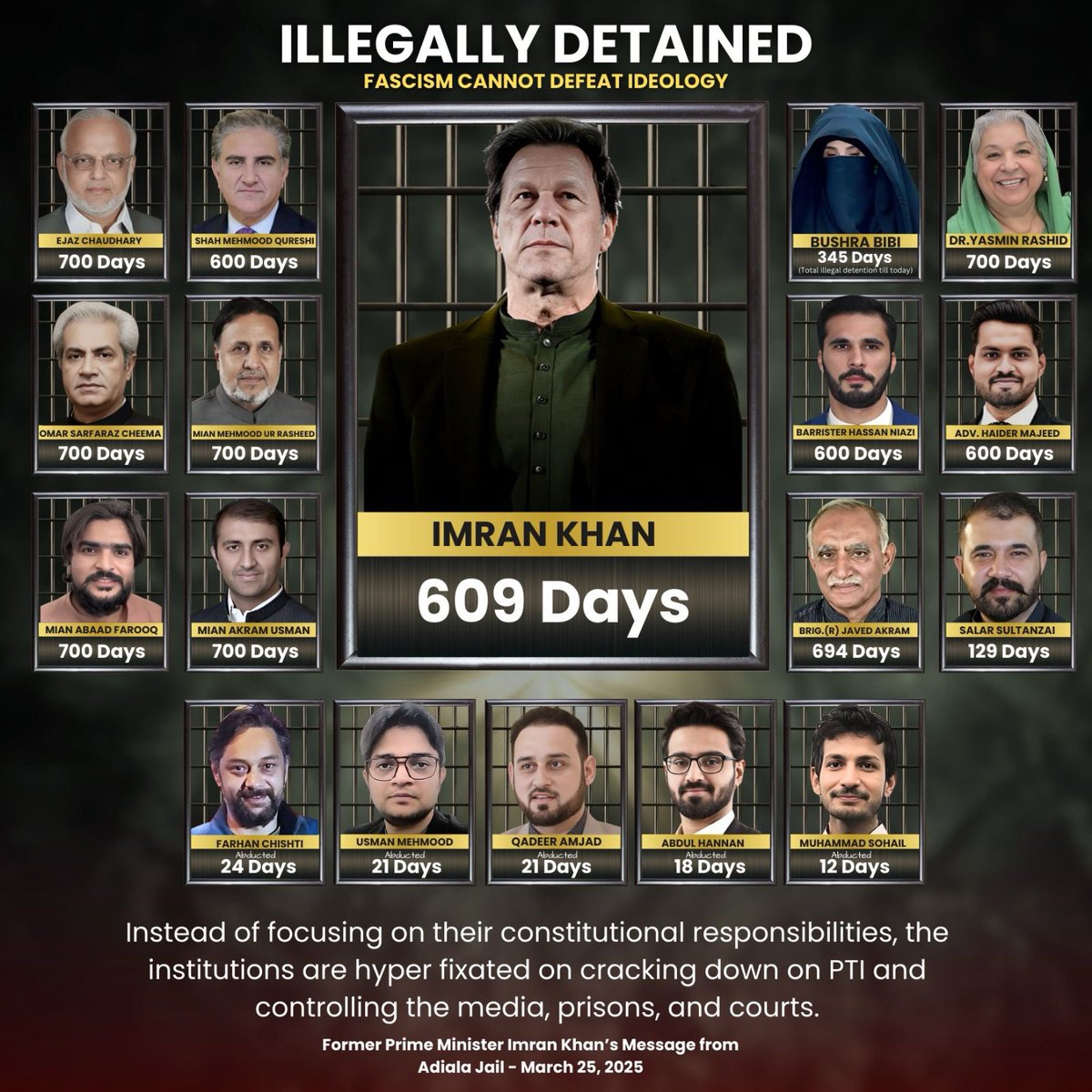 PTIofficial's tweet photo. بیگناہ قید کے 609 دن
سب ظلم اور ناانصافیاں یاد رکھی جائیں گی۔
شیر کو قید کرنے سے، لگڑ بگڑ لیڈر نہیں بن سکتے۔

#WeWantFreeImranKhan https://t.co/m7GvVwau1X