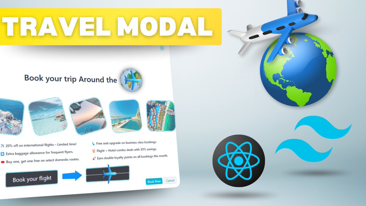 CodeAndCreateee's tweet image. 🚀 Just dropped a new video!
We built a creative Travel Booking Modal with ✨ React 19 & Tailwind CSS 4 ✨
Includes a flying plane 🛫, glowing globe 🌍, animated images & slick transitions!
Perfect for practicing modern UI & animation skills.
🎥 Watch now:…