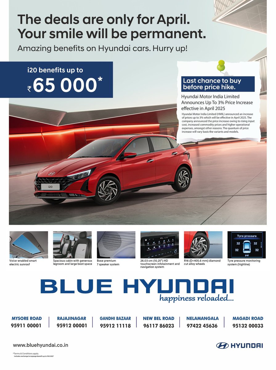 BlueHyundaiBLR's tweet photo. With a dynamic look on the outside and a luxurious feel on the inside, the Hyundai i20 doesn’t just drive , it leaves a lasting impression.🗓️ Hurry! Offer Ends 30th April,

#Hyundai #ILoveHyundai #i20 #LiveTheLitLife #AprilSteals #HyundaiCars #AprilOffer #HyundaiLove #PriceHike https://t.co/zhCwOwp7rq