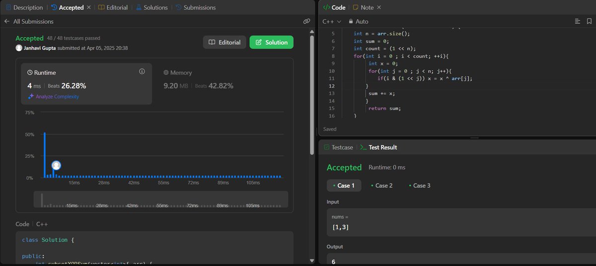 janhavigupta08's tweet image. #Day288         #_100DaysOfCode
#100DayCodingChallenge

@LeetCode POTD [ 1863. Sum of All Subset XOR Totals]