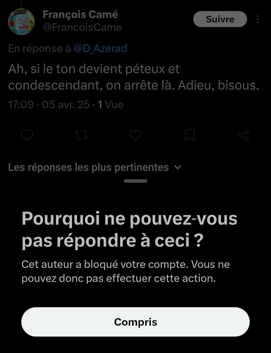 "Péteux et condescendant", sérieux ? Vous trouvez aussi ? 🤭

(Je ne le pensais pas si fragile que ça pour aller jusqu'à bloquer 🤔)