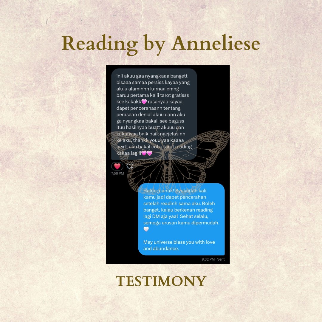— 5. Testimony Reading by Anneliese

:: Makasih banyak yaa, udah mau reading sama aku! Sehat selalu 🤍 ::

🚨 DO NOT STEAL
This testimony belongs to Anneliese only.

t. testimoni jasa baca tarot reading
#zonauang #zonajajan #zonacuan #zonaba #tarotreading