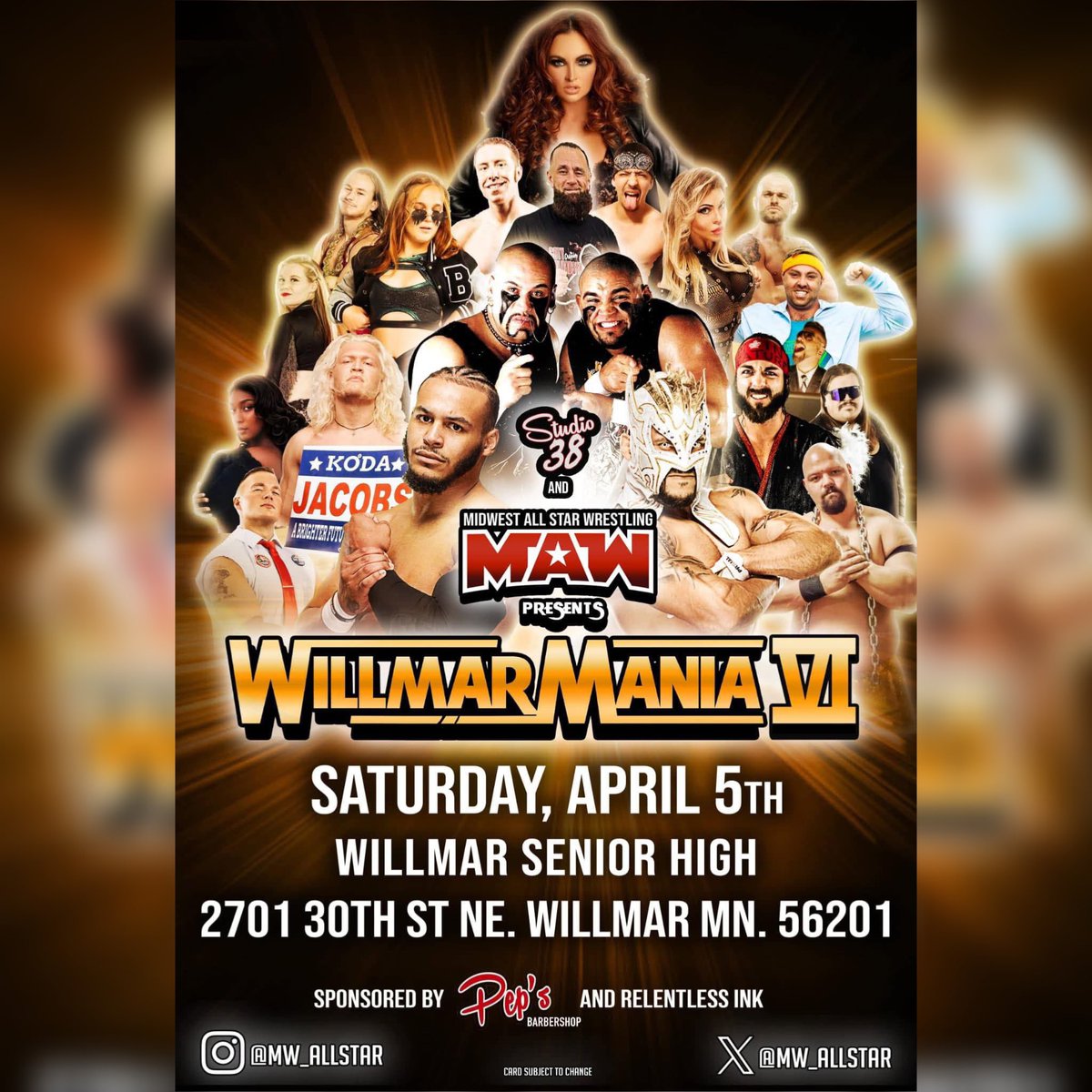 💥TONIGHT💥

<a href="/MW_AllStar/">Midwest All-Star Wrestling</a> presents #WillmarMania VI !

‼️FEATURED GUEST‼️ MARIA KANELLIS <a href="/MariaLKanellis/">MariaKanellisBennett</a> !

+

#AEW Star <a href="/DariusMartin612/">Darius Martin</a> v. SAMURAY DEL SOL [fka #WWE’s KALISTO] 

📍 Willmar H.S | WILLMAR, MN

🎟️ eventbrite.com/e/willmarmania…

#MAWlive #ABrighterFutureInWrestling