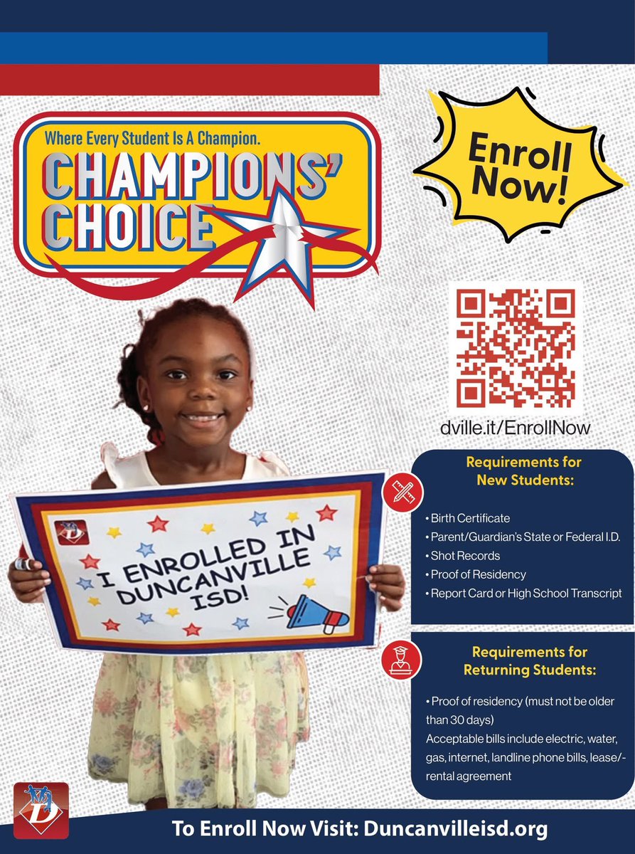 Dville Super (@dvilleisdsuper) on Twitter photo We provide championship learning experiences for our students!
🏆Enrollment for 2025-2026 is NOW OPEN for grades Pre-K to 12th grade!
📲» dville.it/EnrollNow
We're here for you! Contact: studentservices@duncanvilleisd.org. We provide championship learning experiences for our students!
🏆Enrollment for 2025-2026 is NOW OPEN for grades Pre-K to 12th grade!
📲» dville.it/EnrollNow
We're here for you! Contact: studentservices@duncanvilleisd.org.