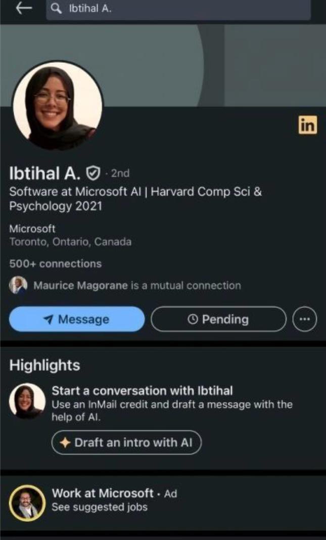 حاولنا التواصل مع #إبتهال_أبوالسعد لنقدم لها عرض وظيفي وجدنا حسابها في LinkedIn محذوف 

طبعا غير مستغرب لانه LinkedIn مملوكة ل#مايكروسوفت 

#غزه_تحت_القصف