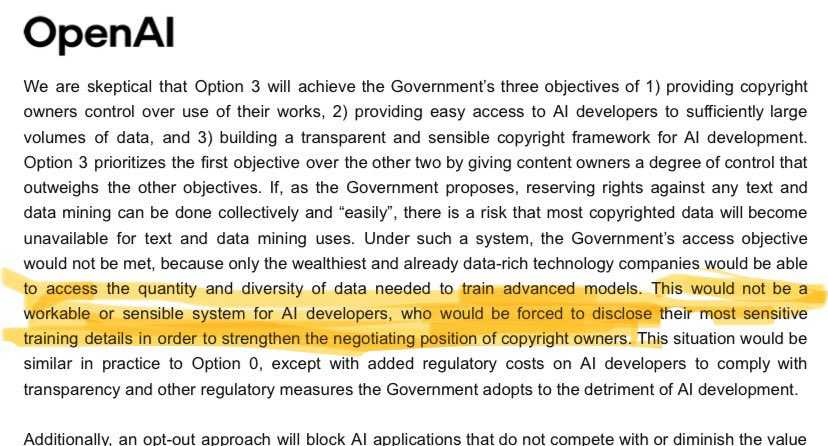 The response from <a href="/OpenAI/">OpenAI</a> to UK TDM/copyright consultation is full of weasel phrases and really tries to work the *UK has a unique chance to stuff Europe on AI*, angle. I switch off when “commercially sensitive” is used to describe data sets containing stolen/unlicensed data.