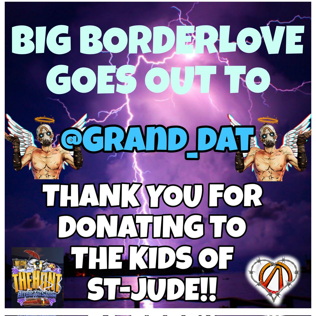 KillzLola's tweet photo. Borderlove is continuing the 2025 Borderlands HUNT on Twitch in about an hour but wanted to give a super big thank-you to Onyx_gaming42 &amp; Grand_dat for their DONATIONS TO ST-JUDE. Thank you so much ! Donate here: https://t.co/qNXmRkzznz https://t.co/bv5FL8JZp5