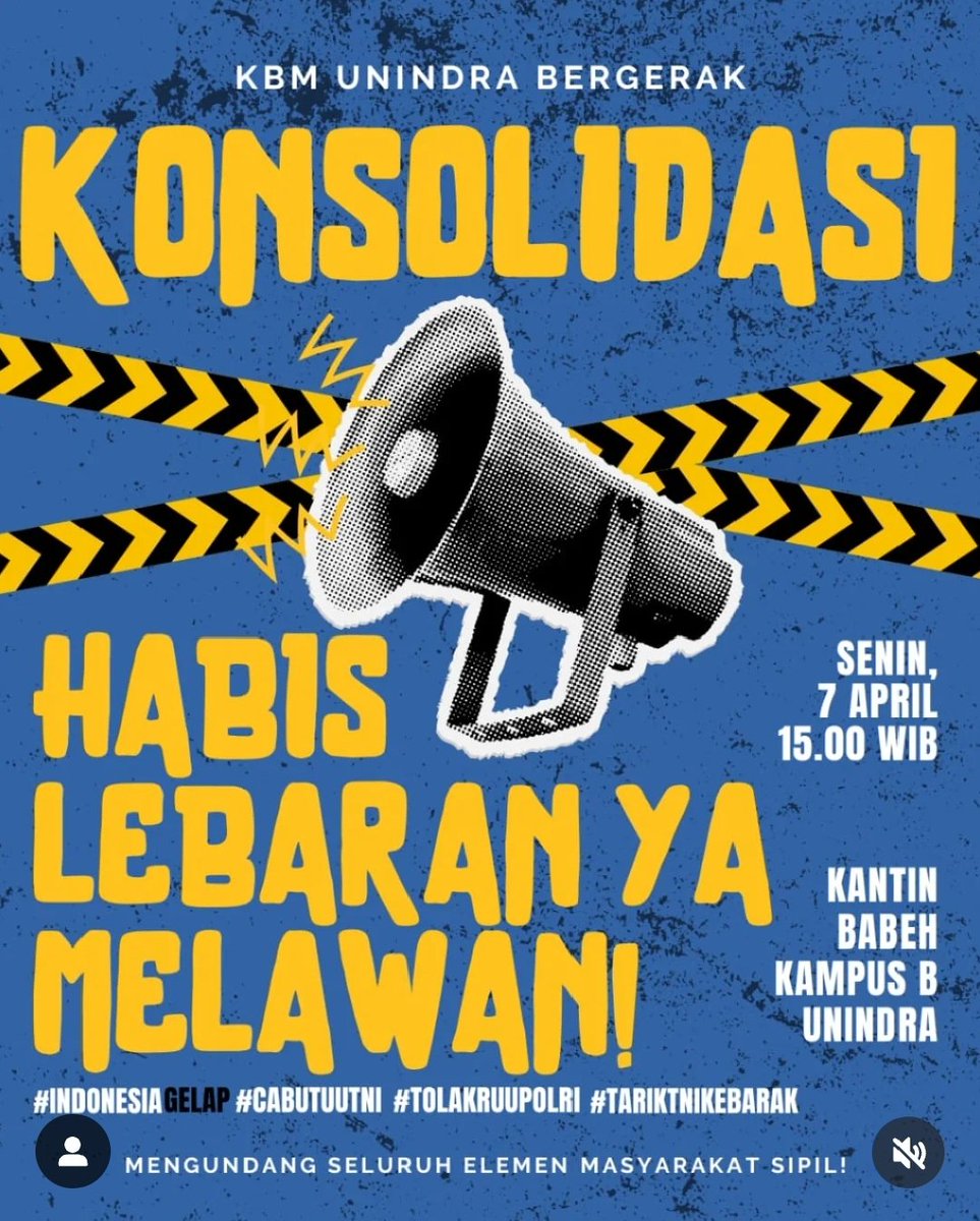‼️HABIS LEBARAN YA MELAWAN‼️ 

Opor dan ketupat sudah dimakan, waktunya kita melawan!  

Berorganisasi dan mari konsolidasi ✊🏻

Untuk info detailnya dapat menghubungi KBM Unindra 

#BatalkanRUUTNI #TolakRUUPolri 
#Suprem