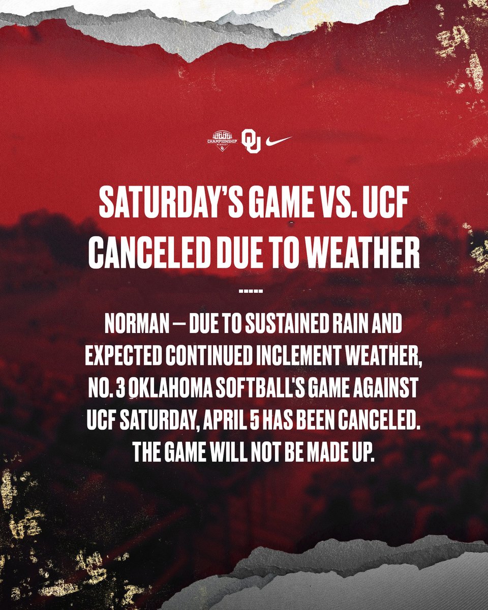 OU_Softball's tweet photo. Today's game vs. UCF has been canceled due to weather. 

ℹ️ » https://t.co/92M0vavBOv https://t.co/QFRwQbwmP7