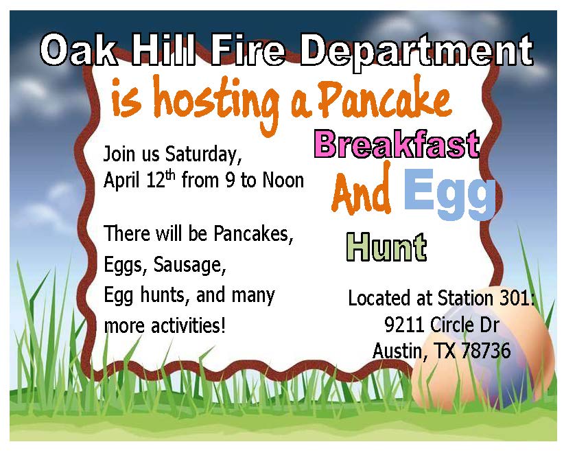 Come visit us at our annual Pancake Breakfast &amp; Egg Hunt on Saturday, April 12!
It's Free for our community.
There will also be Egg Hunts for the kids, but please note the assigned times so all can enjoy the activity:
9:15: Ages 3 &amp; under
10:00: Ages 4-6 only
11:00: Ages 7-9 only