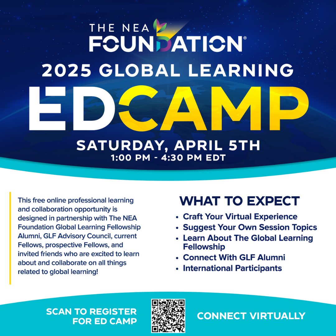 GlobalEdAction's tweet image. Today's the day! Join us at the online NEA Foundation Global Learning Edcamp. Register for free here: ringcentr.al/3QHLo8f
#education #profdev #globaleducators #NEAF