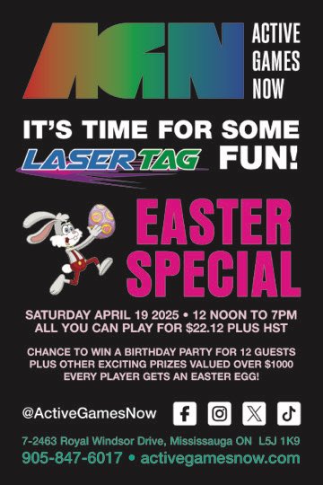 Don’t miss our Easter Special! You’ll be able to enter to win a FREE Birthday party and many other awesome prizes! ActiveGamesNow.com 

#LaserTag #Easter #FamilyFun #ThingsToDo #Mississauga #Oakville