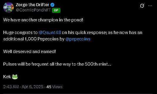 don't sleep on <a href="/CosmicPondNFT/">Zorgo the Drifter</a> 🐸☕️