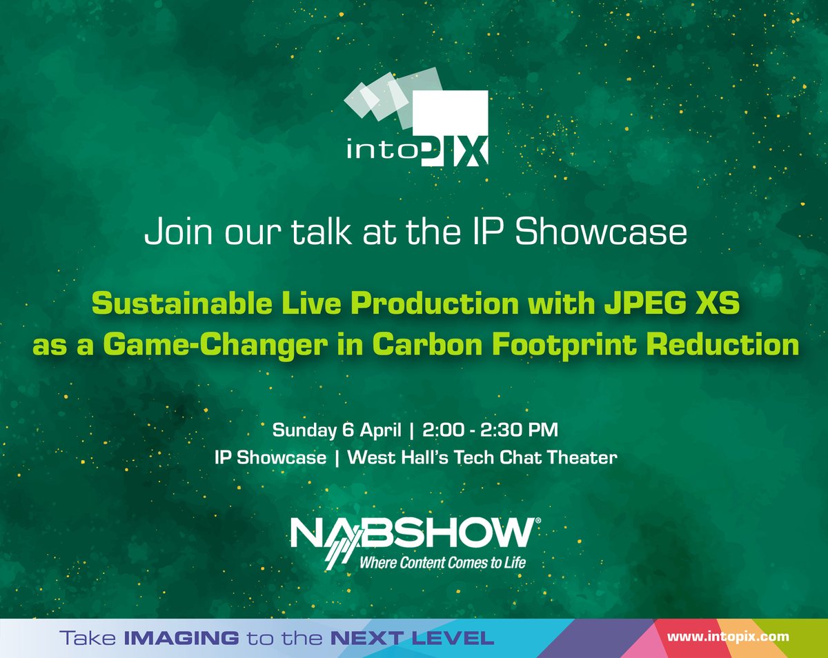 Join us at <a href="/NABShow/">NAB Show</a> for our talk on "Sustainable Live Production with JPEG XS"
April 6 | 2:00PM - IP Showcase - West Hall’s Tech Chat Theater 
Learn how JPEG XS reduces the carbon footprint of video workflows, optimizes existing infrastructure &amp; paves the way for a greener future