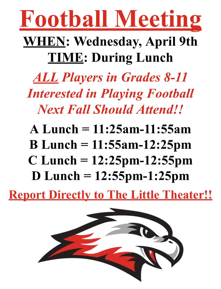 All those interested in playing football next year should attend the 8-11 Grade Football Team Meeting on Wednesday, 4/9! Make sure that you bring a friend! #WINGSup 🤙