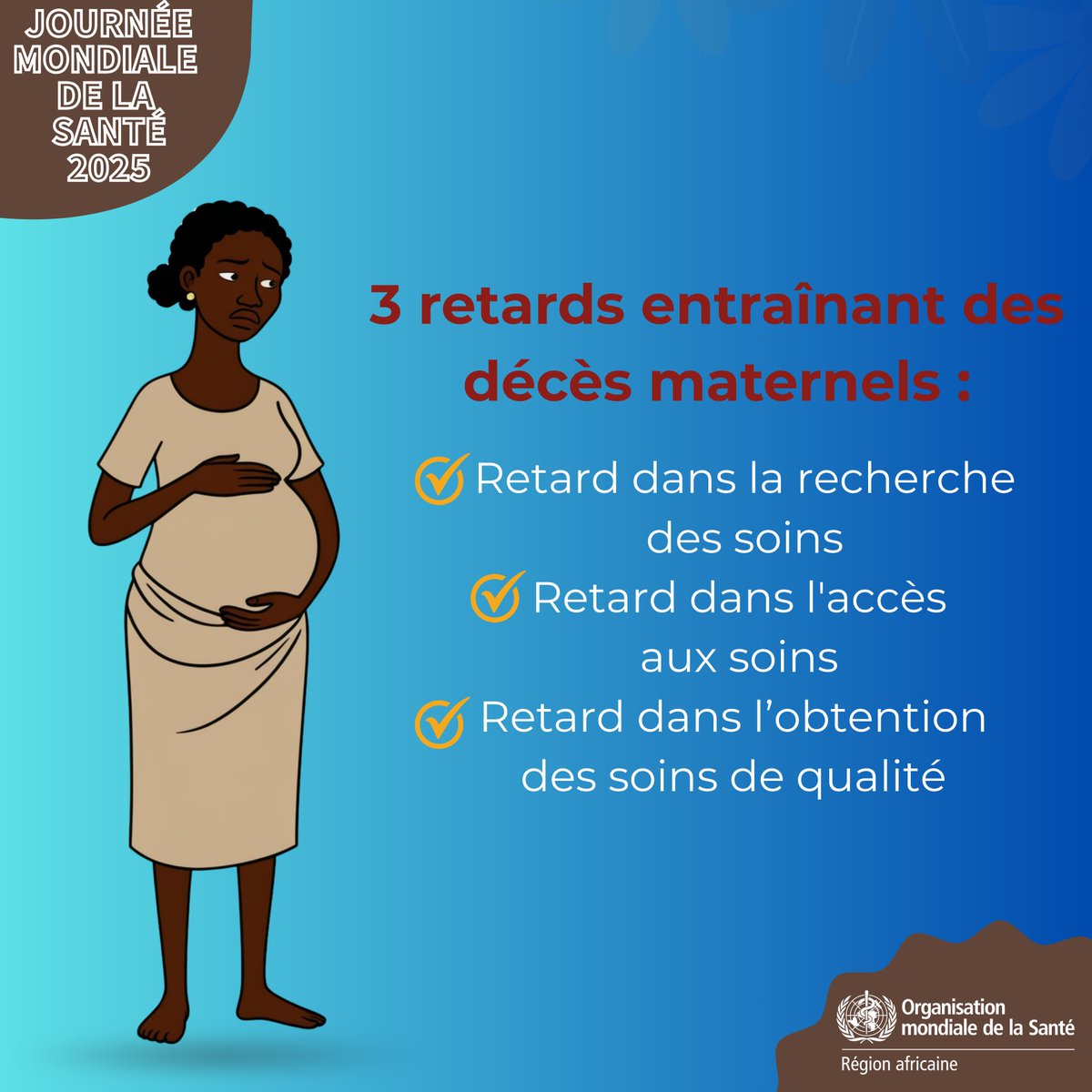 Ces trois retards font partie des causes de #DécèsMaternels.
Retard dans
1⃣la prise de décision de consulter 
2⃣l’accès aux soins
3⃣la prise en charge de qualité 
 
Chacun de ces retards est évitable et chacun coûte des vies.
Agissons maintenant pour protéger les mères et leurs