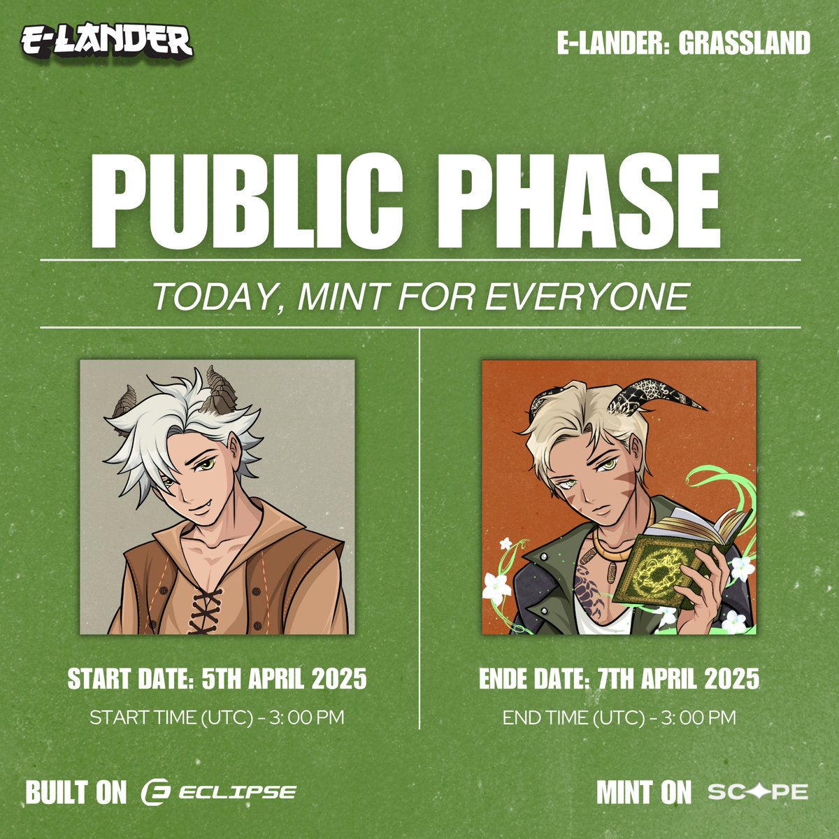 E-Lander (@elander_nft) on Twitter photo TODAY, ๐ ๐๐ก๐ง ๐๐ข๐ฅ ๐๐ฉ๐๐ฅ๐ฌ๐ข๐ก๐
โณ Public Phase: 1,075 NFTs
Date: Apr 5-7, 3PM-3PM UTC (48h duration)
Price: 0.012 ETH
Limit: 5 mint per wallet
โณ Mint site: scopenft.xyz/mint/ECLIPSE:6โฆ
โ
E-Lander: Grassland, built on <a href="/EclipseFND/">Eclipse (๐ฎ,๐)</a>, Minting on <a href="/scopenft/">Scope</a> TODAY, ๐ ๐๐ก๐ง ๐๐ข๐ฅ ๐๐ฉ๐๐ฅ๐ฌ๐ข๐ก๐
โณ Public Phase: 1,075 NFTs
Date: Apr 5-7, 3PM-3PM UTC (48h duration)
Price: 0.012 ETH
Limit: 5 mint per wallet
โณ Mint site: scopenft.xyz/mint/ECLIPSE:6โฆ
โ
E-Lander: Grassland, built on <a href="/EclipseFND/">Eclipse (๐ฎ,๐)</a>, Minting on <a href="/scopenft/">Scope</a>
