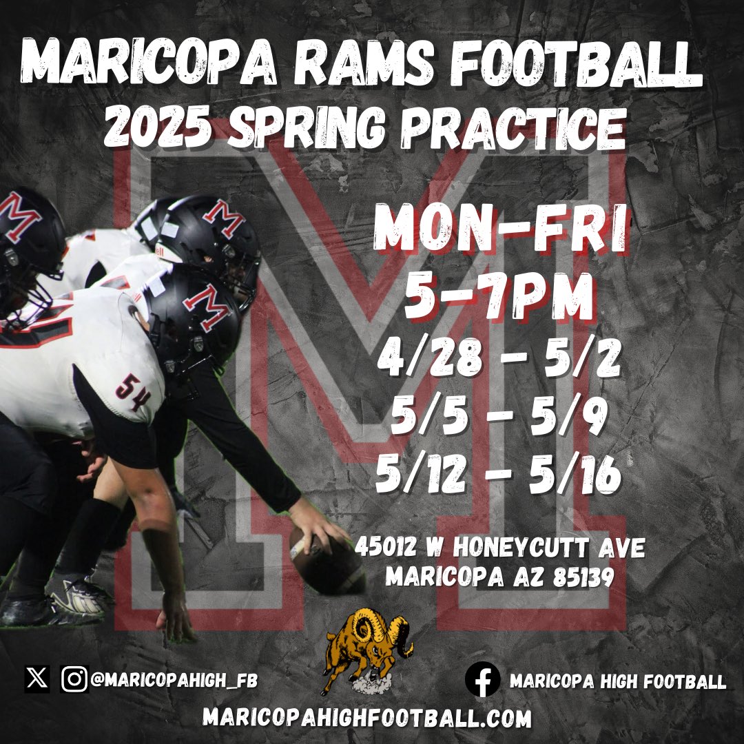 Maricopa Rams Spring Football Practice!
College Coaches, we’d love to have you out!
🗓️Monday-Friday, 4/28 - 5/16
⏱️5-7PM
📍 45012 W Honeycutt Ave, Maricopa, AZ 85139