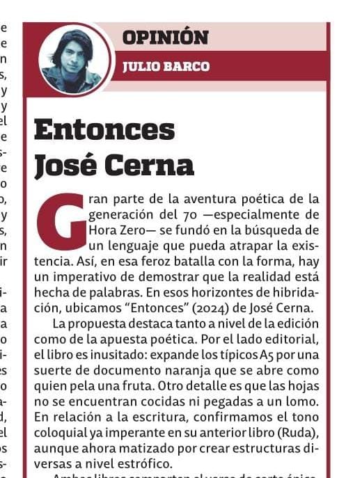 Mi columna de hoy en el diario Uno va dedicada a Entonces (2024) de José Cerna.
