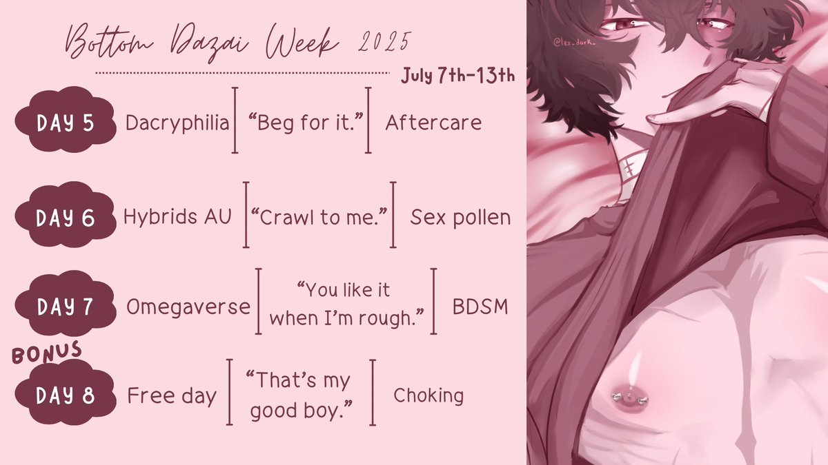 Good morning, people!! The time has come. Here is the OFFICIAL #Bottomdazaiweek2025 vanilla prompt list!! 🎉🎊🥳 we cannot WAIT to see what you all do with these prompts! It’s time to get creating! (Art by <a href="/lex_dark_/">LEX🥂❤️‍🩹 • 🔞 𝄪 ⚰️🕊️ 𝄪 working on c♡mms&zines</a>)
Unravel for the dead dove prompts!! 👇🏽👇🏽👇🏽