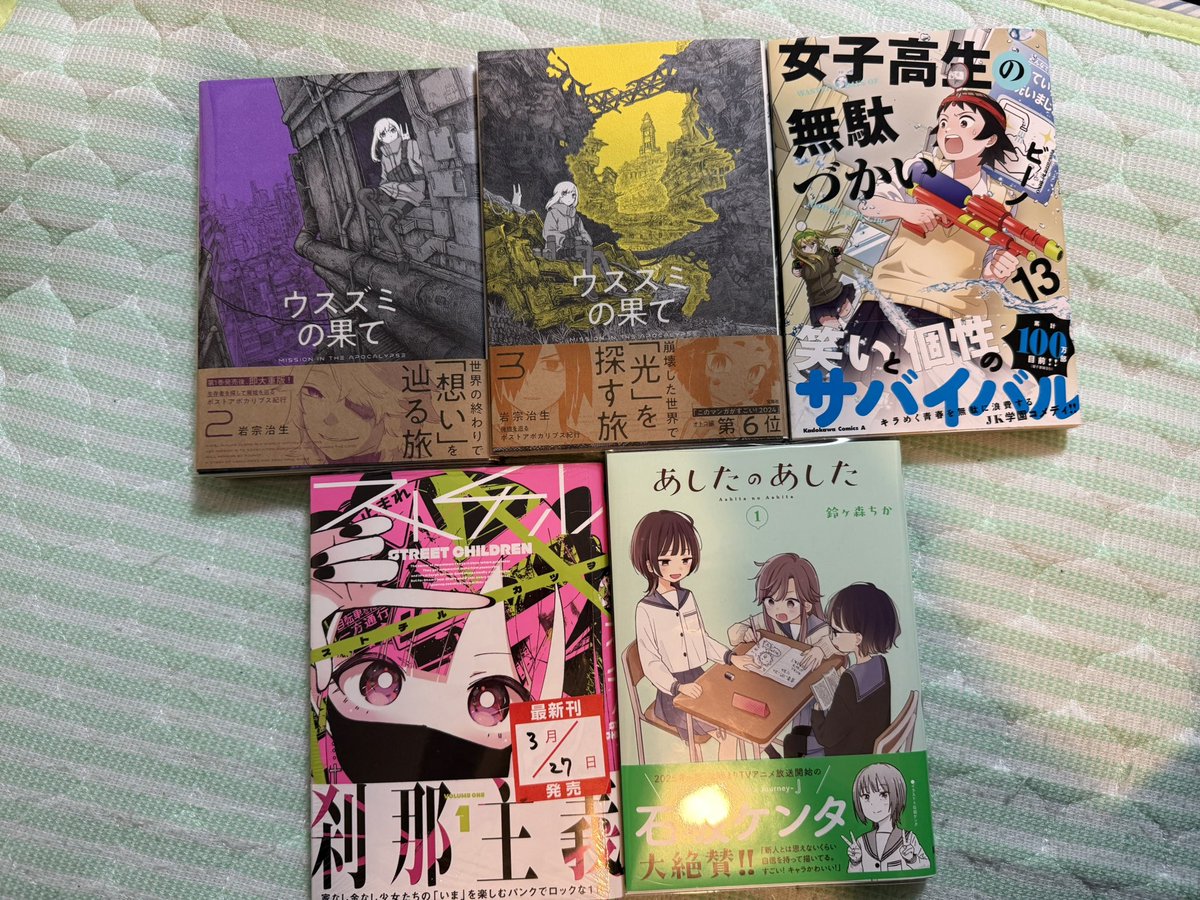 #今日買った漫画
ウスズミの果て 2.3
女子高生の無駄づかい 13
ストチル 1
あしたのあした 1