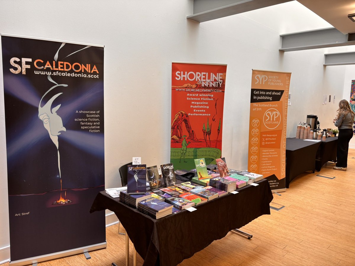 A wee exhibition of Shoreline of Infinity and SF Caledonia at the SYP Scotland conference on Evolving Narratives.